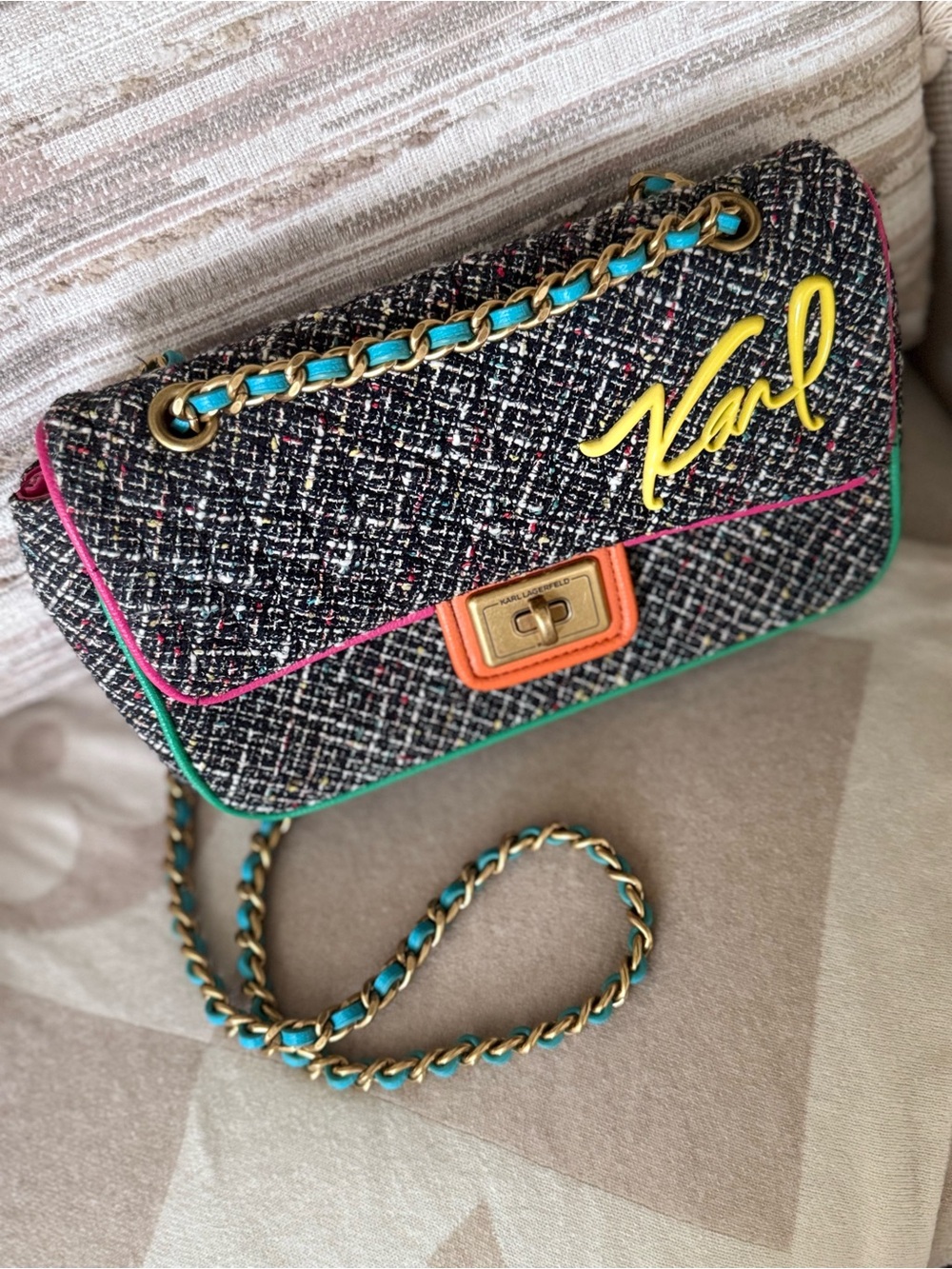 Karl Lagerfeld Multicolor Tweed Chain Shoulder Bag with Yellow Logo